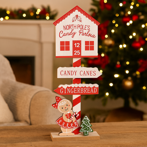 Gingerbread Candycane Direction Sign holiday décor with festive stripes and gingerbread details.