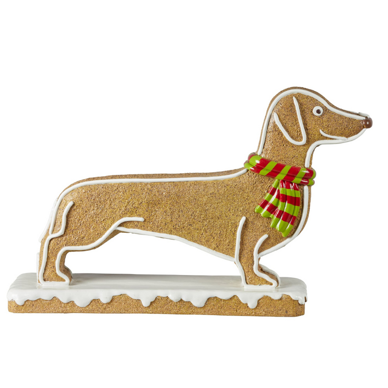 Gingerbread-style Christmas dog display with candy cane details and red scarf, 81cm long