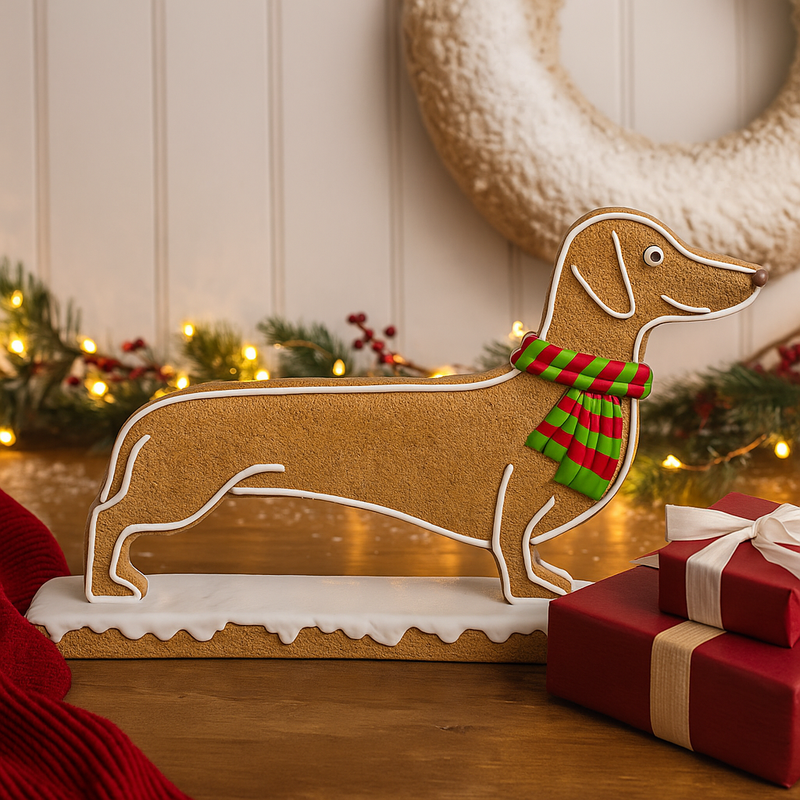 Gingerbread-style Christmas dog display with candy cane details and red scarf, 81cm long