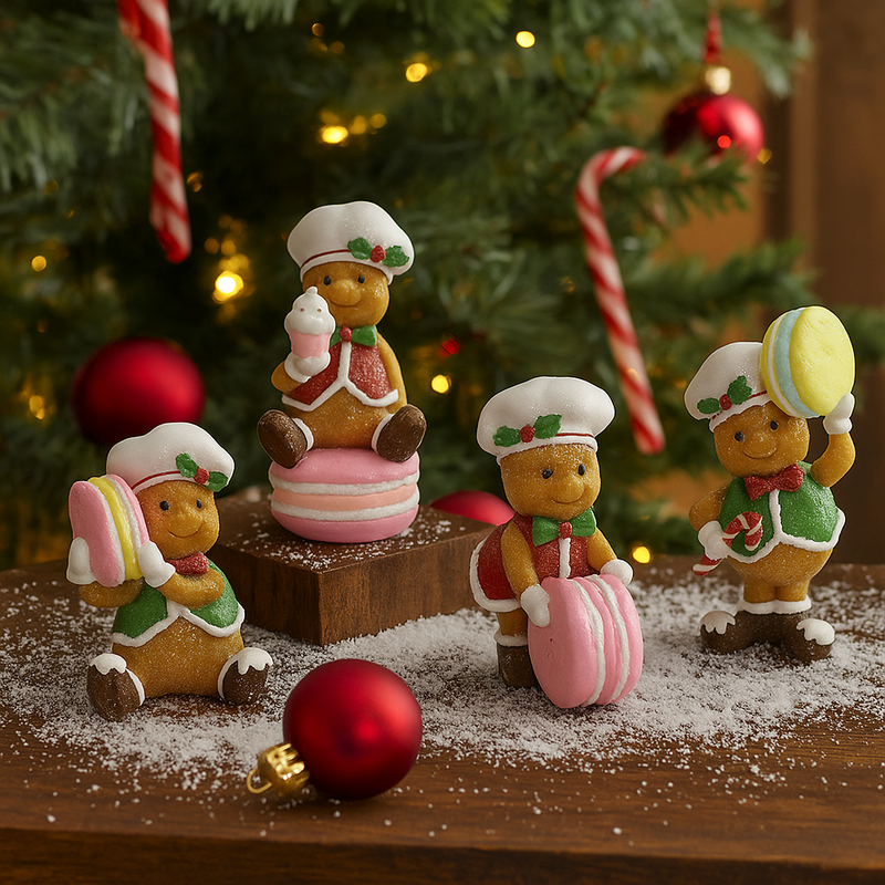 Assorted gingerbread macaron decorations with frosting, sprinkles, and festive colors