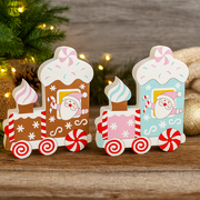 Gingerbread Pastel Train Engine Assorted in pastel colors, whimsical Christmas tabletop decoration.