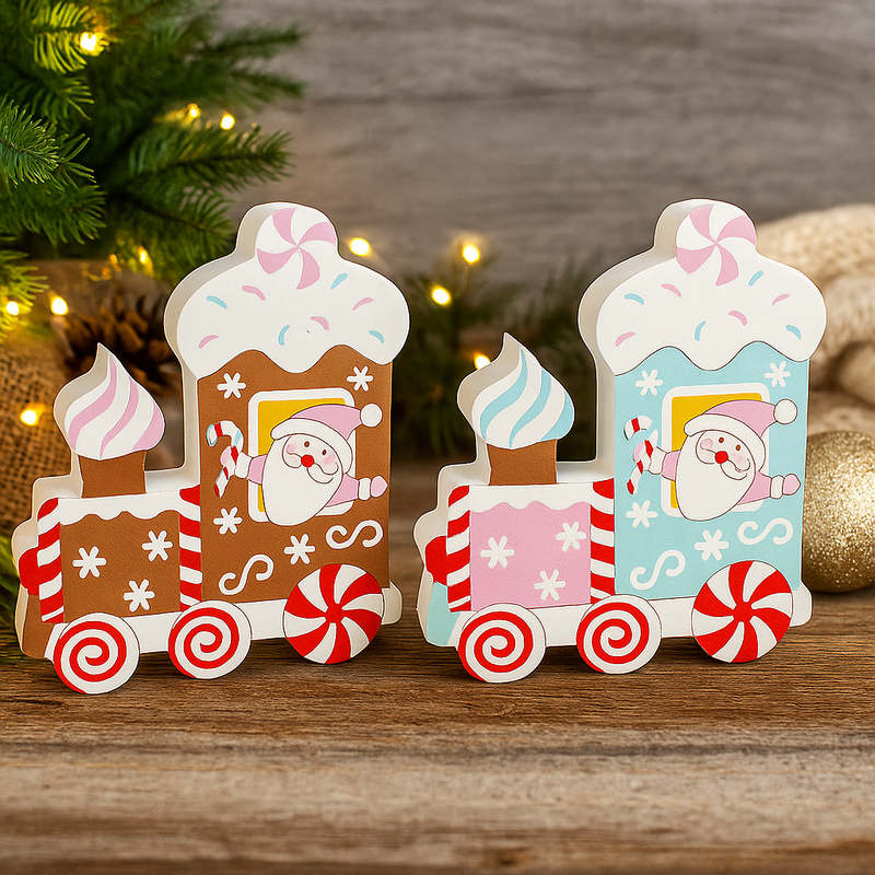Gingerbread Pastel Train Engine Assorted in pastel colors, whimsical Christmas tabletop decoration.