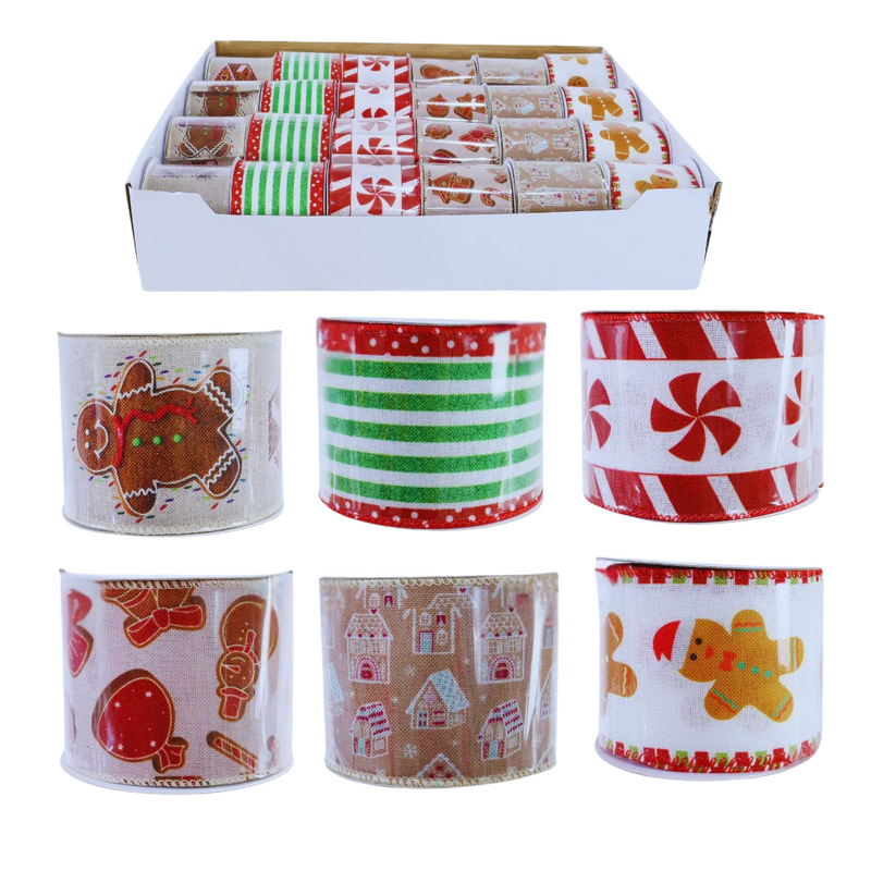 Assorted gingerbread-themed Christmas ribbon, 60mm wide and 2.7m long, ideal for gift wrapping and holiday décor