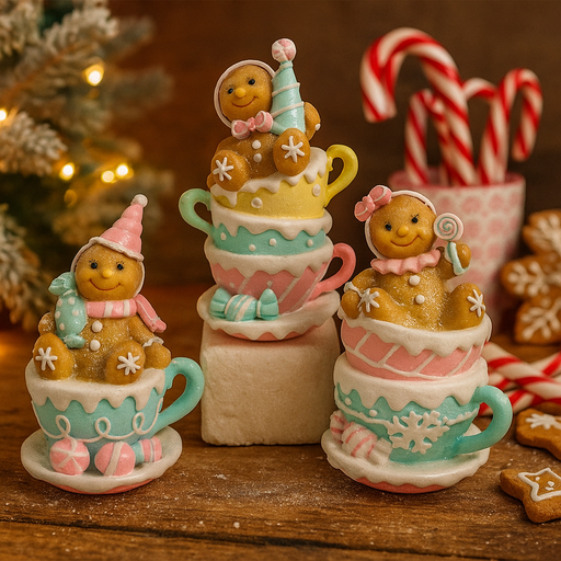 Three assorted 19.5cm gingerbread teacup decorations with holiday characters and candy details