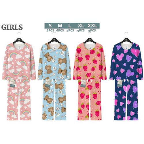Girls fleece PJ round neck set in 4 assorted designs, featuring soft, warm comfort for cosy sleep and lounging on colder nights.