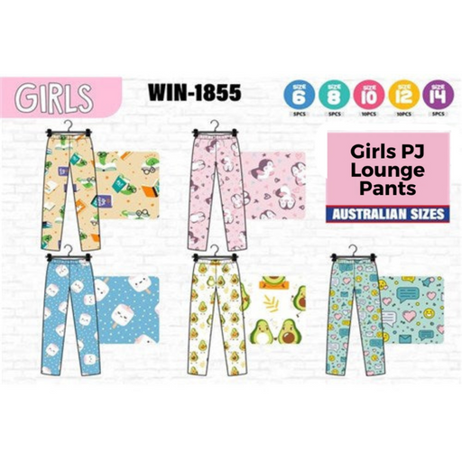 Girls PJ lounge pants in assorted colours and patterns (Series 2), available in five sizes, comfy kids sleepwear and loungewear.