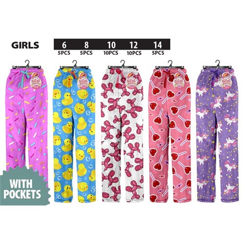 Girls PJ lounge pants with pockets in assorted designs, made for soft, cosy comfort during sleep and everyday lounging.