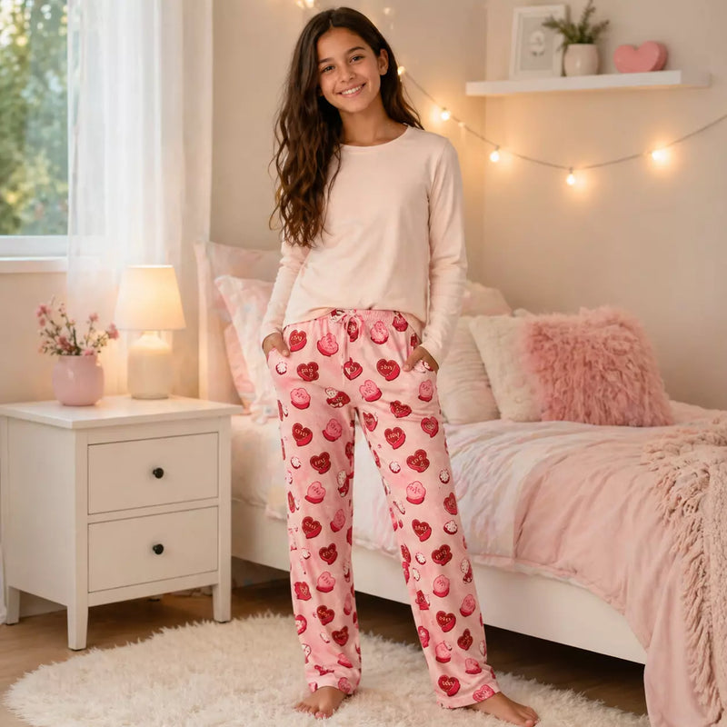 Girls PJ lounge pants with pockets in assorted designs, made for soft, cosy comfort during sleep and everyday lounging.