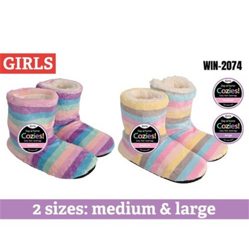 Girls sherpa slipper boots with rainbow design in assorted colours, warm fluffy indoor boot slippers for cosy winter wear