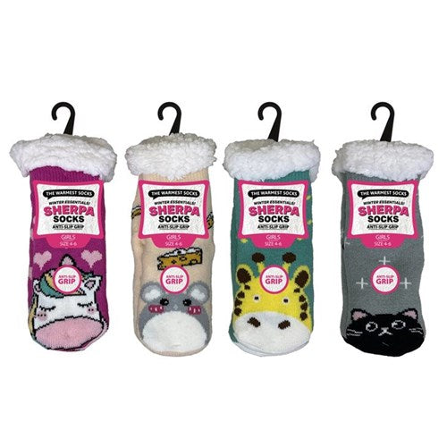 Girls sherpa socks with animal design in assorted colours, warm fluffy crew socks for cosy winter lounging