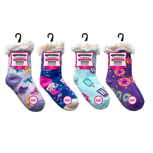 Girls sherpa novelty anti-slip socks with grip sole in assorted designs