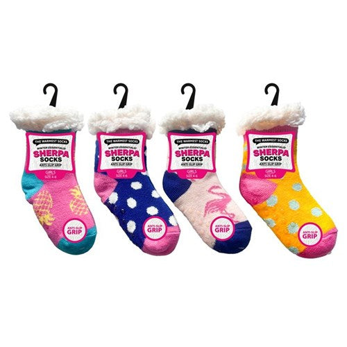 Girls pink tropical sherpa socks with anti-slip grips assorted designs