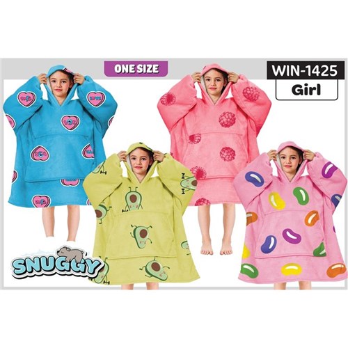 Girls Snuggy Sherpa hoodie in assorted printed designs, featuring ultra-soft sherpa fleece for warm, cosy comfort during chilly days and nights.
