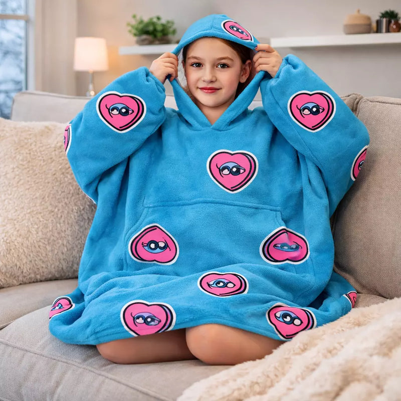 Girls Snuggy Sherpa hoodie in assorted printed designs, featuring ultra-soft sherpa fleece for warm, cosy comfort during chilly days and nights.