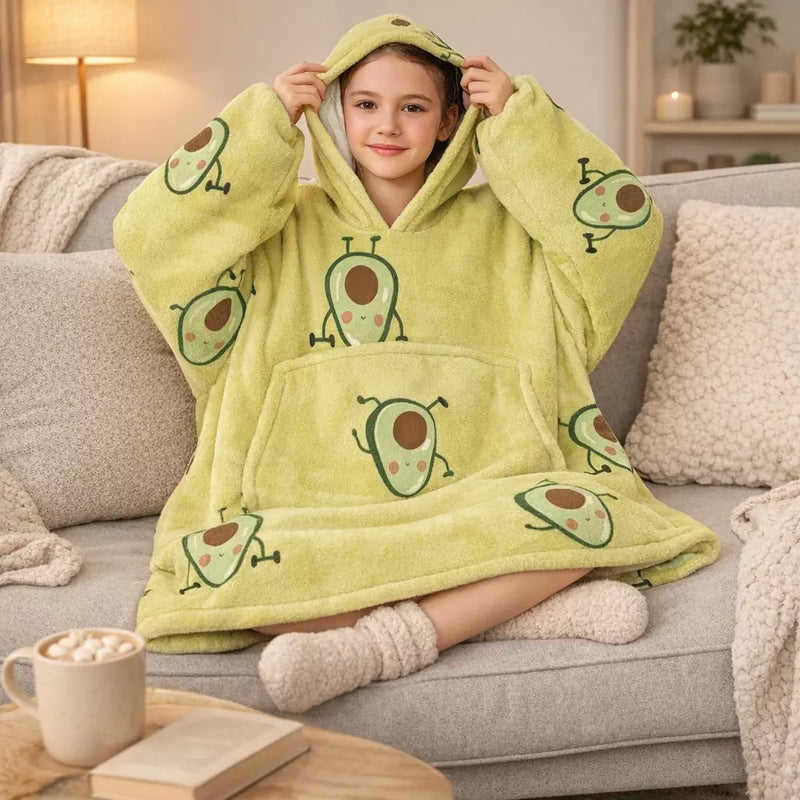 Girls Snuggy Sherpa hoodie in assorted printed designs, featuring ultra-soft sherpa fleece for warm, cosy comfort during chilly days and nights.