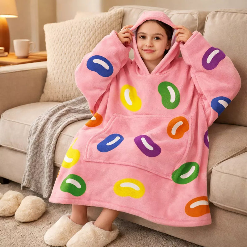 Girls Snuggy Sherpa hoodie in assorted printed designs, featuring ultra-soft sherpa fleece for warm, cosy comfort during chilly days and nights.