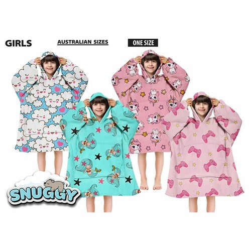 Girls Snuggy Sherpa hoodie in assorted printed designs, featuring ultra-soft sherpa fleece for warm, cosy comfort during chilly days and nights.