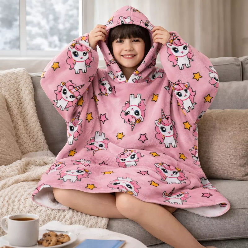 Girls Snuggy Sherpa hoodie in assorted printed designs, featuring ultra-soft sherpa fleece for warm, cosy comfort during chilly days and nights.