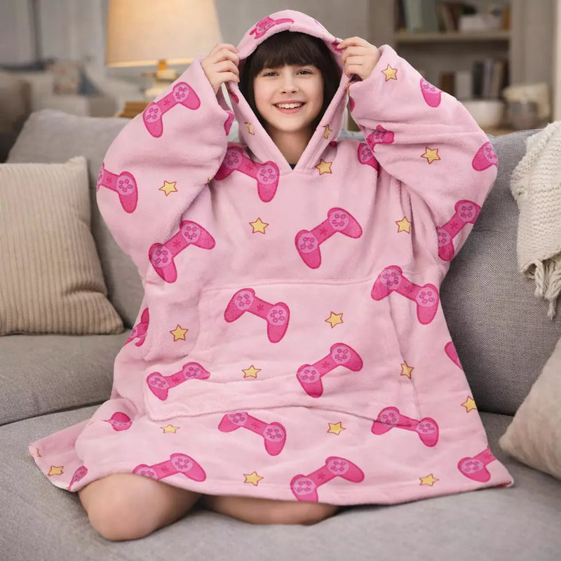 Girls Snuggy Sherpa hoodie in assorted printed designs, featuring ultra-soft sherpa fleece for warm, cosy comfort during chilly days and nights.