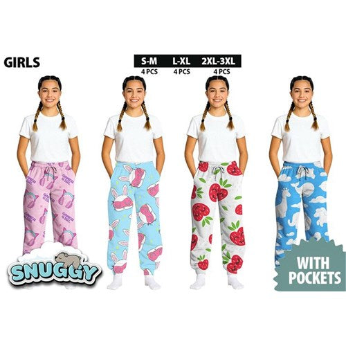 Girls Snuggy Sherpa pants in assorted Style 1 designs, featuring ultra-soft fleece for warm, cosy comfort during colder days and nights.