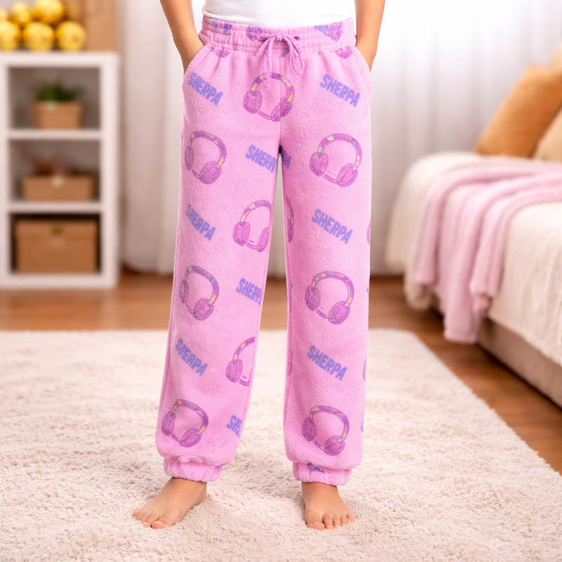 Girls Snuggy Sherpa pants in assorted Style 1 designs, featuring ultra-soft fleece for warm, cosy comfort during colder days and nights.