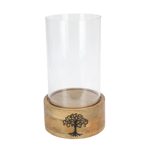 Ronis Glass Pillar Candle Holder with Timber Base and Tree of Life Design 35cm