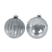 10cm assorted silver glass Christmas baubles with elegant designs