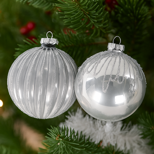 10cm assorted silver glass Christmas baubles with elegant designs