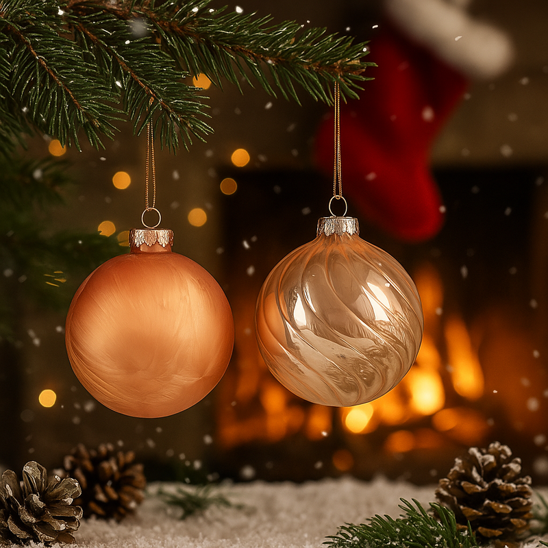 Light copper glass baubles 8cm assorted finishes for elegant Christmas tree decoration