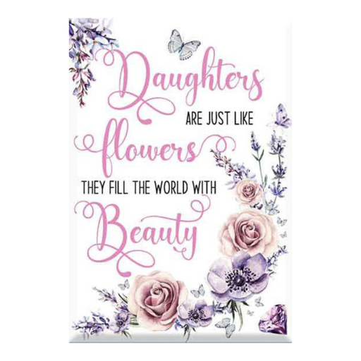 Glass plaque with “Daughters” message, 13x9cm clear keepsake gift displayed on a desk.