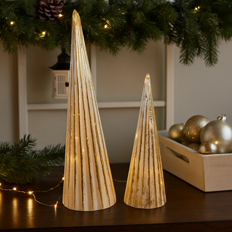 30cm Glass Christmas Tree with internal warm white LED lights, elegant tabletop holiday decoration.