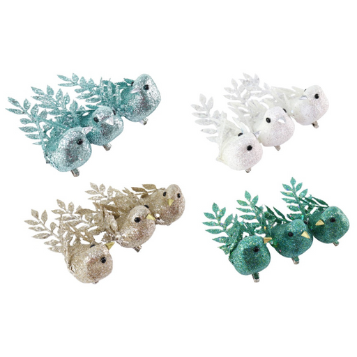 Glitter Bird with Clip 15cm 3pk Assorted – festive glitter bird decorations with clips for trees, wreaths, and garlands
