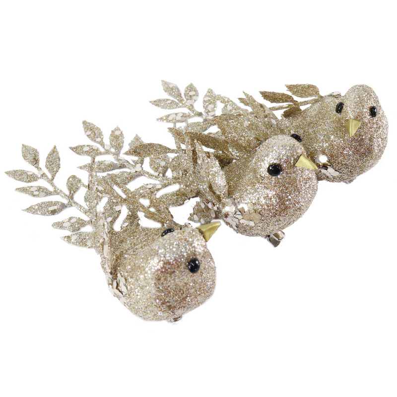 Glitter Bird with Clip 15cm 3pk Assorted – festive glitter bird decorations with clips for trees, wreaths, and garlands