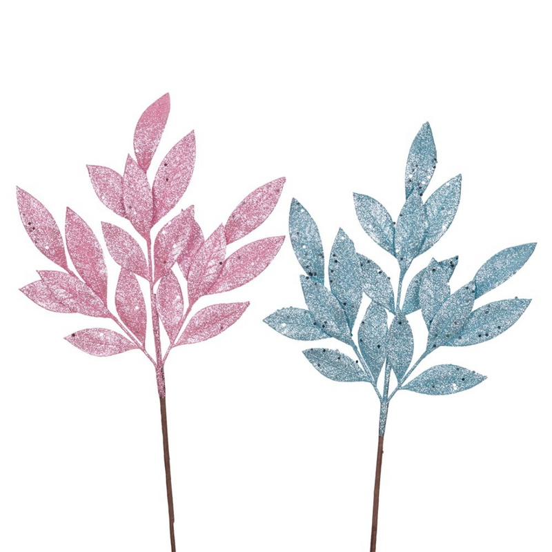 Ronis Glitter Laurel Leaf Stem 53cm Assorted