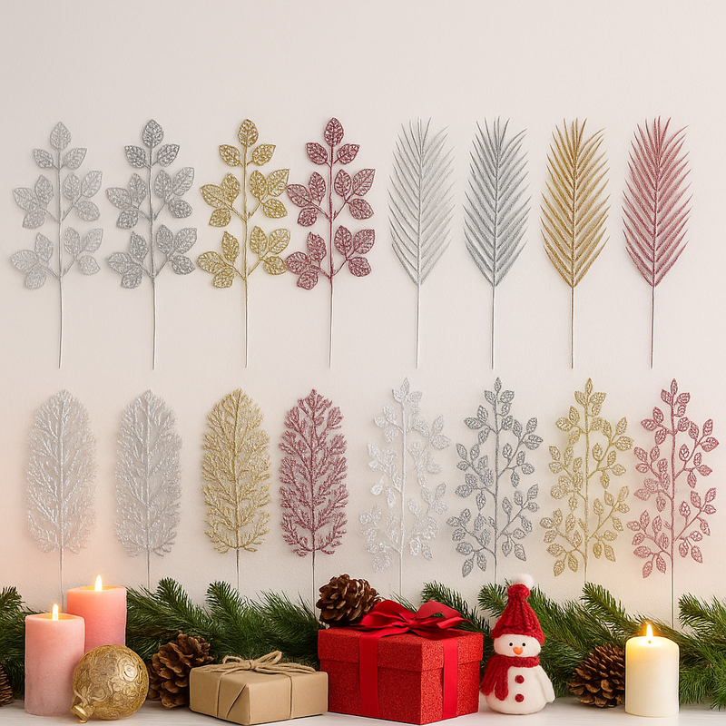 Assorted Christmas floral picks with glitter leaves, pearl and crystal accents for festive decorating