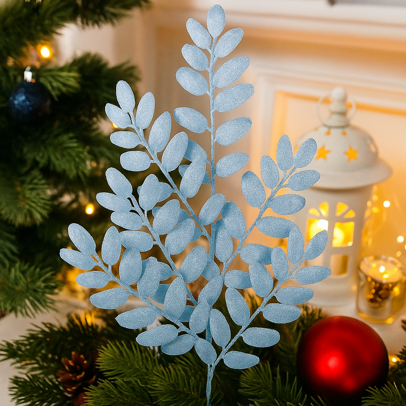 Glitter Leaf Stem 55cm in pale blue with shimmering finish for elegant Christmas décor