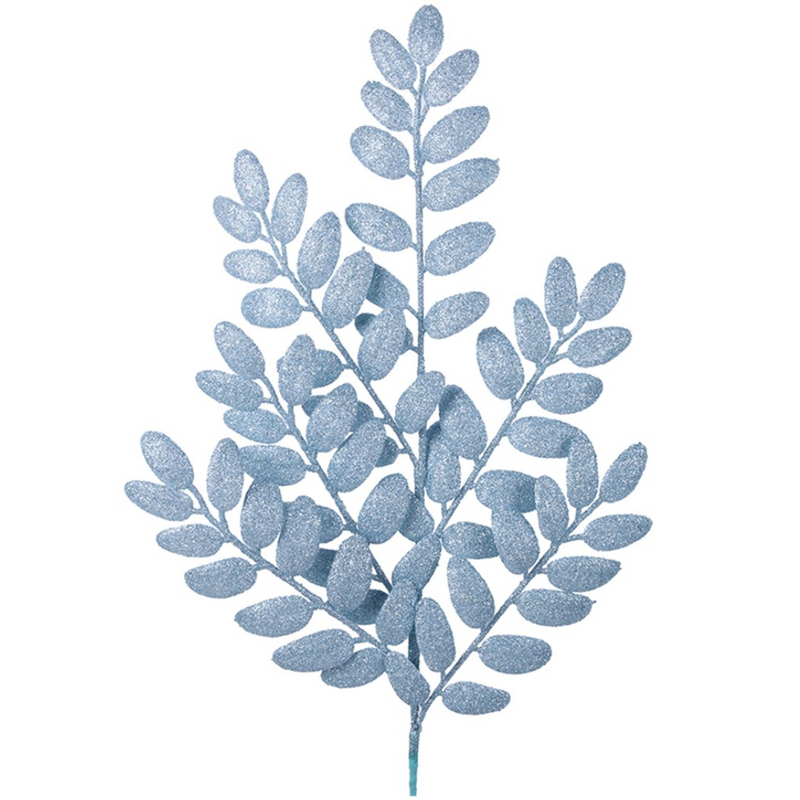 Glitter Leaf Stem 55cm in pale blue with shimmering finish for elegant Christmas décor