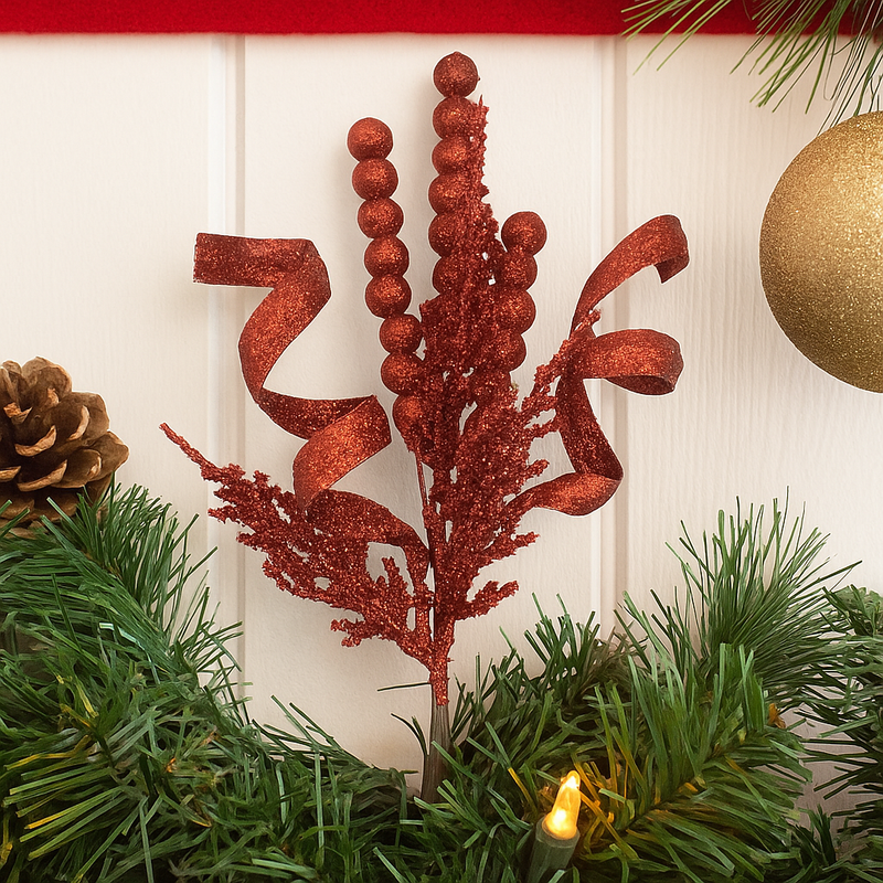 32cm red glitter pick for Christmas decoration, floral stem accent