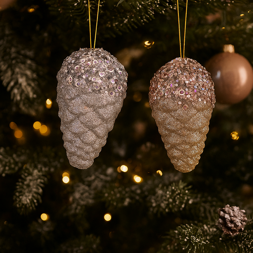 Assorted champagne and silver glitter pinecone ornaments, 8cm festive decoration