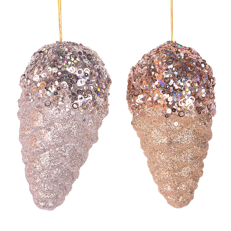 Assorted champagne and silver glitter pinecone ornaments, 8cm festive decoration