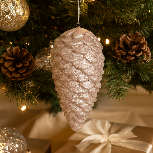 Silver glitter pinecone hanging ornament, 23cm polyfoam Christmas decoration