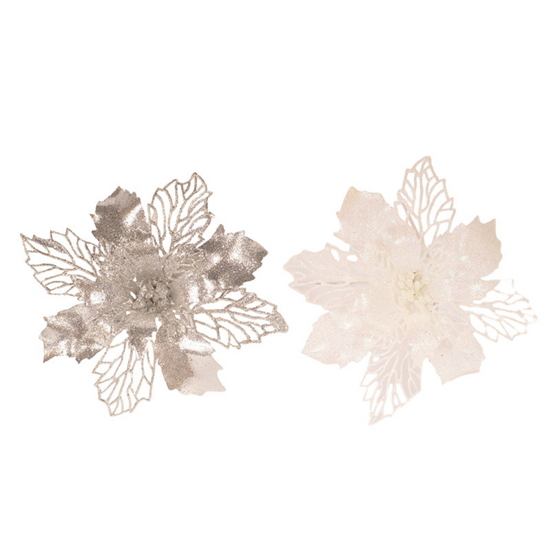 Glitter poinsettia flower with clip 15cm in assorted white and silver designs for Christmas decoration