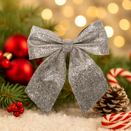 Silver glitter ribbon 26x30cm decorative Christmas ornament for trees, wreaths, and gifts