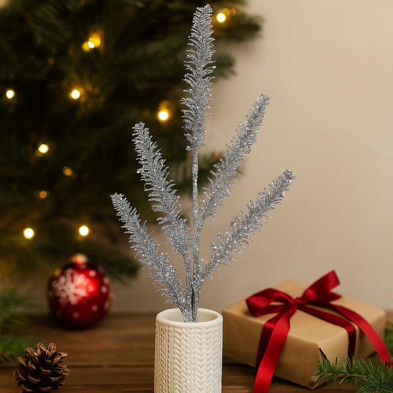 Silver Glitter Stem 76cm decorative Christmas floral pick