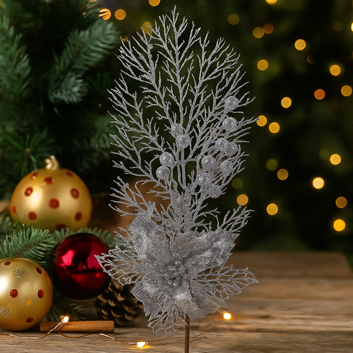 Silver glitter poinsettia stem 47cm Christmas decoration