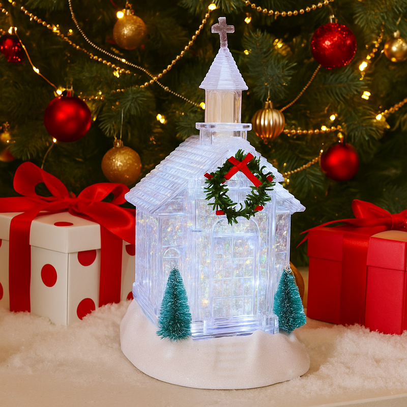 Glitter Swirl Crystal Church USB – crystal-style church Christmas décor with swirling glitter and LED lights.