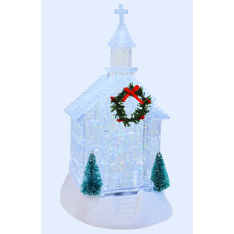 Glitter Swirl Crystal Church USB – crystal-style church Christmas décor with swirling glitter and LED lights.