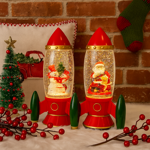Glitter Swirl Musical Christmas Rocket USB Assorted – festive rocket décor with swirling glitter, LED lights, and music.