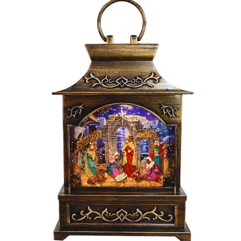 Decorative lantern with nativity scene inside on a white background