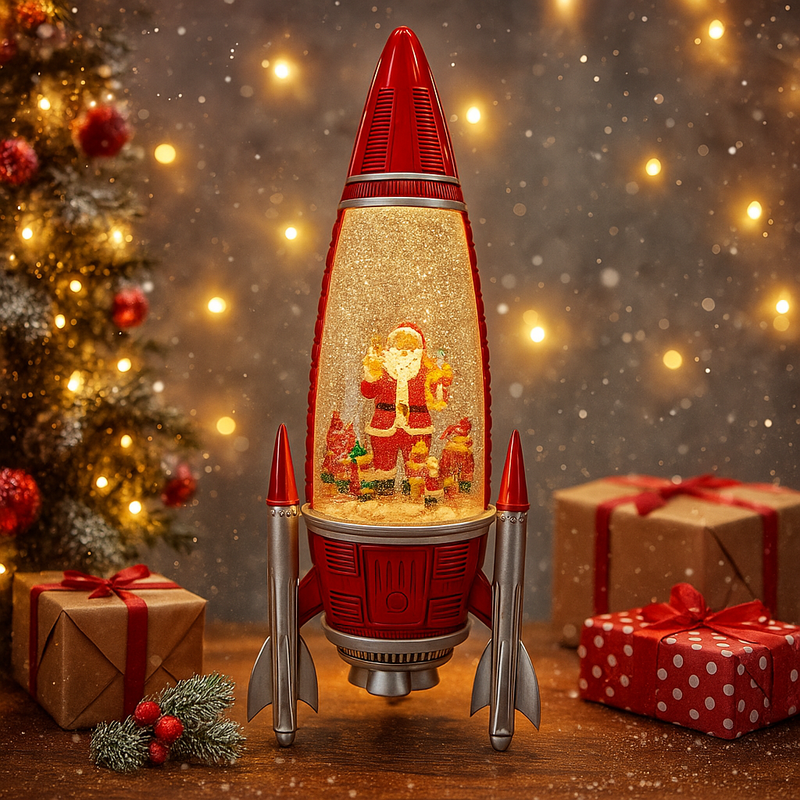 Glitter Swirl Musical Rocket with Spin Scene USB – festive rocket décor with glitter swirl, spinning scene, LED lights, and music.